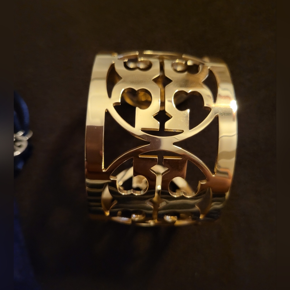 Tory Burch Gold Reva wide logo cuff Bracelet with dust bag